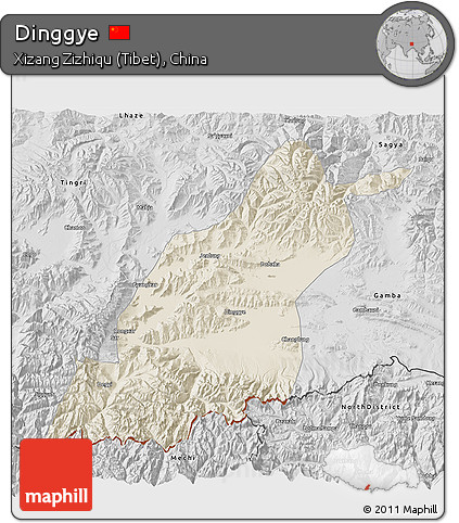 Shaded Relief 3D Map of Dinggye, desaturated