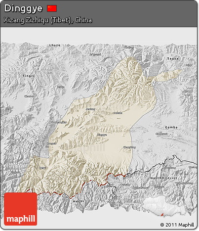 Shaded Relief 3D Map of Dinggye, desaturated