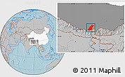 Gray Location Map of Dinggye, highlighted country, highlighted parent region, hill shading