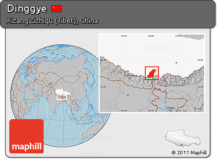 Gray Location Map of Dinggye, highlighted parent region, hill shading