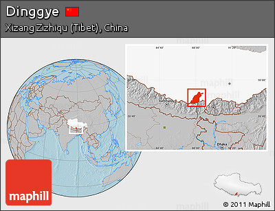 Gray Location Map of Dinggye, highlighted parent region, hill shading