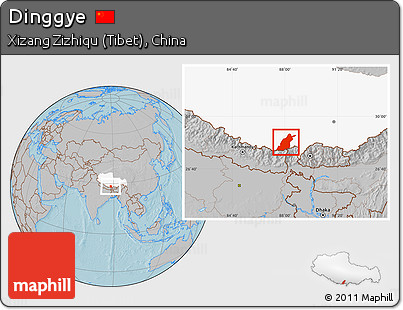 Gray Location Map of Dinggye, highlighted parent region, hill shading