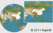 Satellite Location Map of Gyangze, highlighted country, highlighted parent region, within the entire country