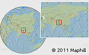 Savanna Style Location Map of Gyangze, within the entire country, hill shading