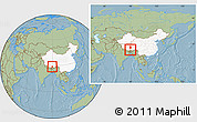 Savanna Style Location Map of Gyangze, highlighted country, within the entire country, hill shading
