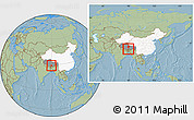 Savanna Style Location Map of Gyangze, highlighted country, highlighted parent region, within the entire country, hill shading