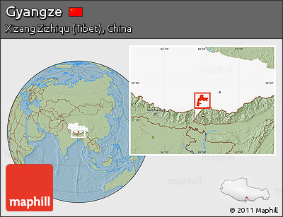 Savanna Style Location Map of Gyangze, highlighted parent region, hill shading