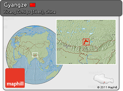 Savanna Style Location Map of Gyangze, hill shading