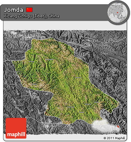 Satellite 3D Map of Jomda, desaturated