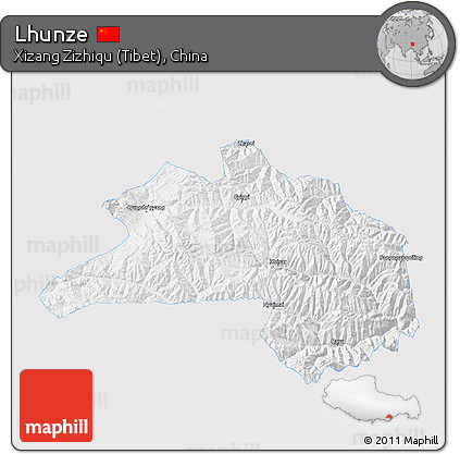 Silver Style 3D Map of Lhunze, single color outside