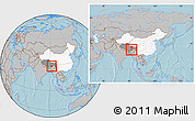 Gray Location Map of Lhunze, highlighted country, highlighted parent region, within the entire country, hill shading