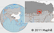 Gray Location Map of Lhunze, highlighted country, highlighted parent region, hill shading