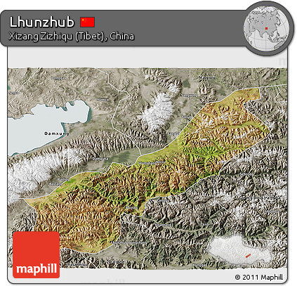 Satellite 3D Map of Lhunzhub, semi-desaturated