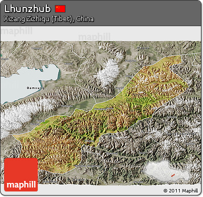 Satellite 3D Map of Lhunzhub, semi-desaturated