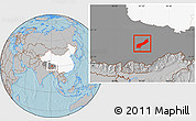 Gray Location Map of Lhunzhub, highlighted country, highlighted parent region, hill shading