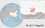 Gray Location Map of Lhunzhub, highlighted country, hill shading