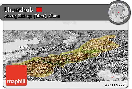 Satellite Panoramic Map of Lhunzhub, desaturated