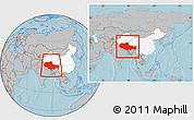 Gray Location Map of Xizang Zizhiqu (Tibet), highlighted country, within the entire country, hill shading