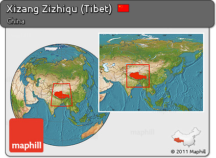 Satellite Location Map of Xizang Zizhiqu (Tibet), within the entire country