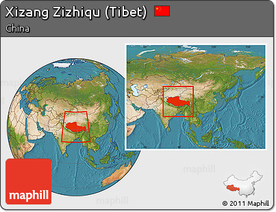 Satellite Location Map of Xizang Zizhiqu (Tibet), within the entire country