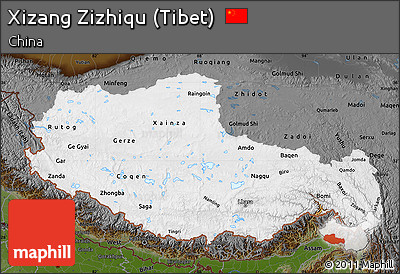 Physical Map of Xizang Zizhiqu (Tibet), darken