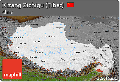 Physical Map of Xizang Zizhiqu (Tibet), darken