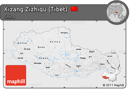 Silver Style Map of Xizang Zizhiqu (Tibet), single color outside