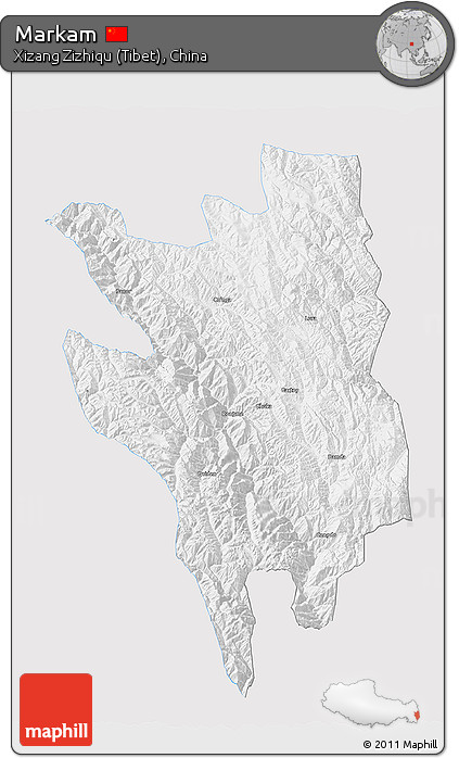 Silver Style 3D Map of Markam, single color outside