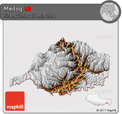 Physical 3D Map of Medog, cropped outside