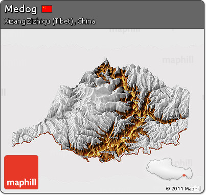 Physical 3D Map of Medog, cropped outside