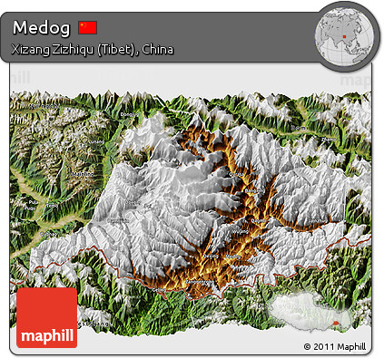 Physical 3D Map of Medog, satellite outside