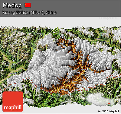 Physical 3D Map of Medog, satellite outside