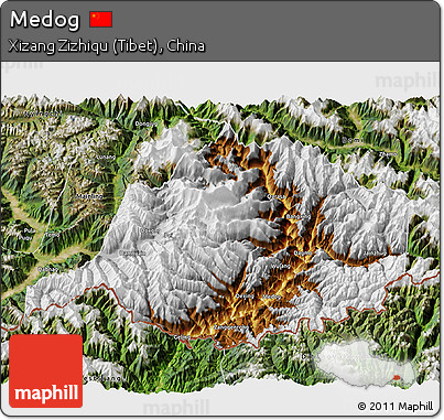 Physical 3D Map of Medog, satellite outside