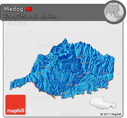 Political 3D Map of Medog, cropped outside