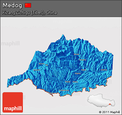 Political 3D Map of Medog, cropped outside