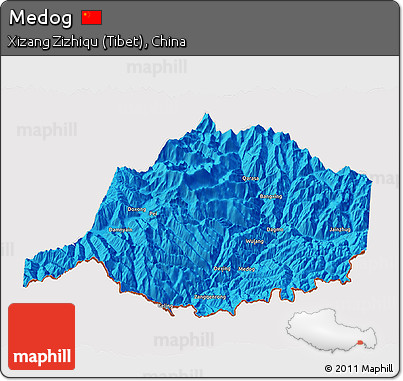 Political 3D Map of Medog, cropped outside