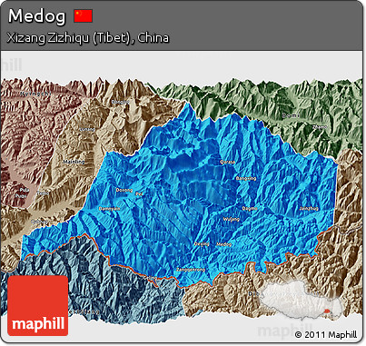Political 3D Map of Medog, semi-desaturated