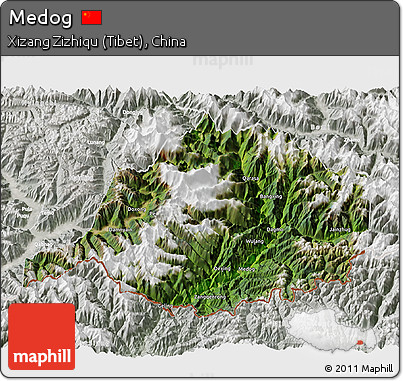 Satellite 3D Map of Medog, lighten, semi-desaturated