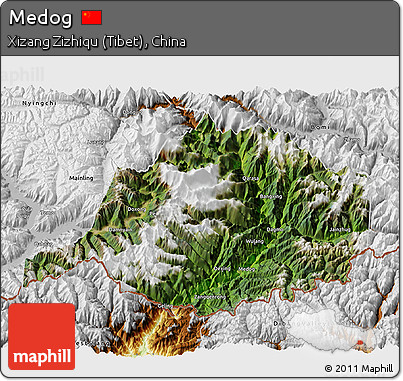Satellite 3D Map of Medog, physical outside