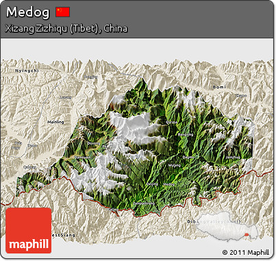 Satellite 3D Map of Medog, shaded relief outside