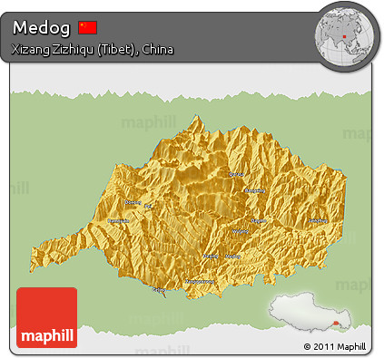 Savanna Style 3D Map of Medog, single color outside