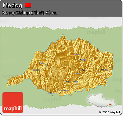 Savanna Style 3D Map of Medog, single color outside