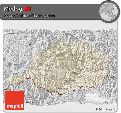 Shaded Relief 3D Map of Medog, desaturated