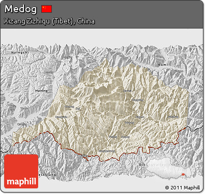 Shaded Relief 3D Map of Medog, desaturated