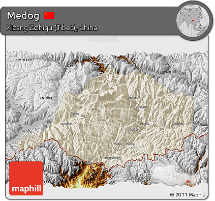 Shaded Relief 3D Map of Medog, physical outside