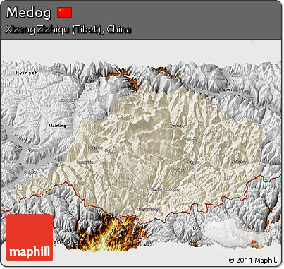 Shaded Relief 3D Map of Medog, physical outside
