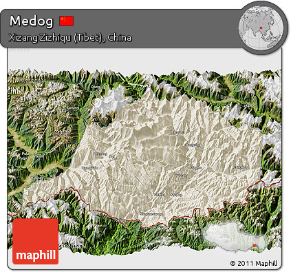 Shaded Relief 3D Map of Medog, satellite outside