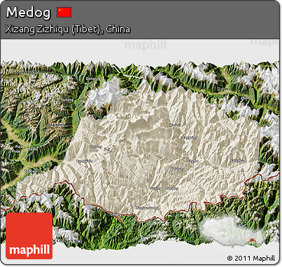 Shaded Relief 3D Map of Medog, satellite outside