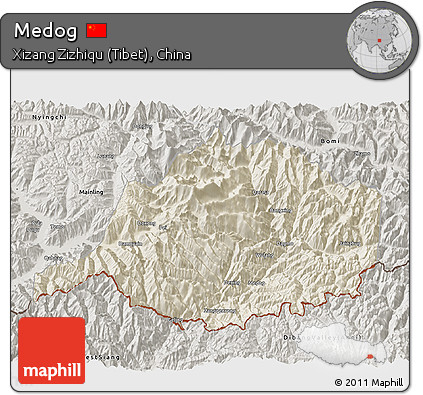 Shaded Relief 3D Map of Medog, semi-desaturated