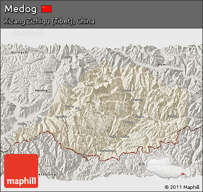 Shaded Relief 3D Map of Medog, semi-desaturated
